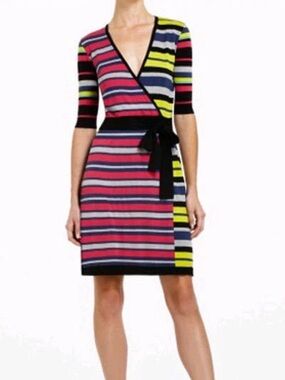 BCBGMaxAzria Striped Wrap Midi Dress in Pink, Yellow & Black